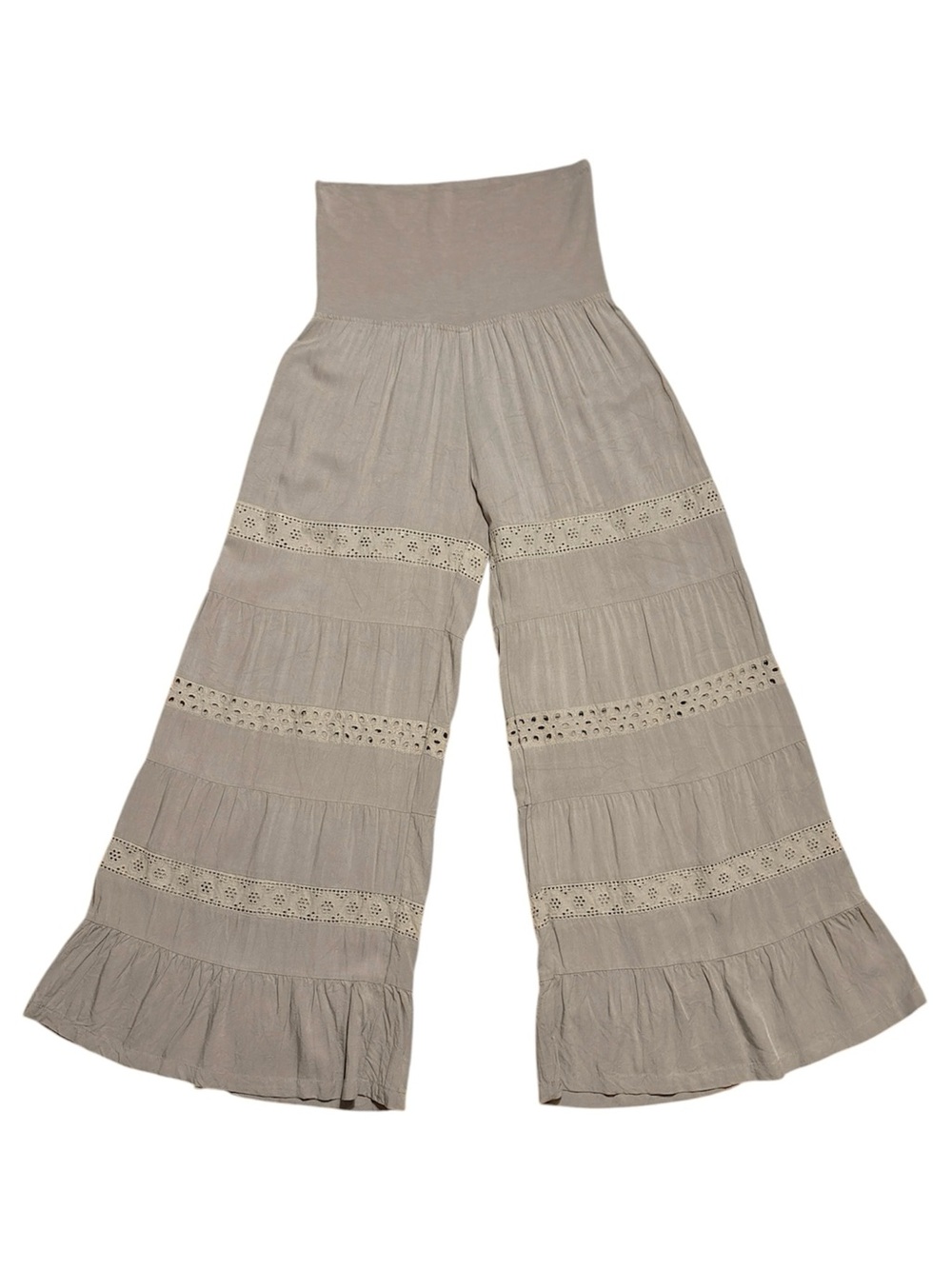 Baik Baik Honolulu Rayon Eyelet Tiered Wide Leg Pants In Tan Sz S/M